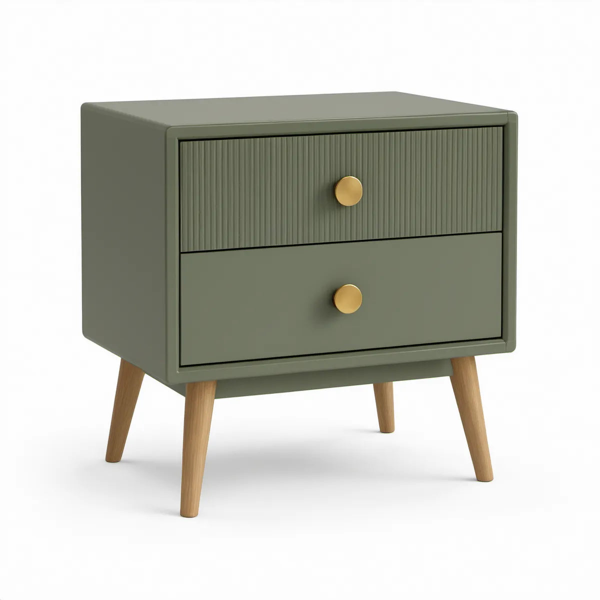 Olivově zelený noční stolek se 2 zásuvkami, MDF, 45 × 35 × 60 cm