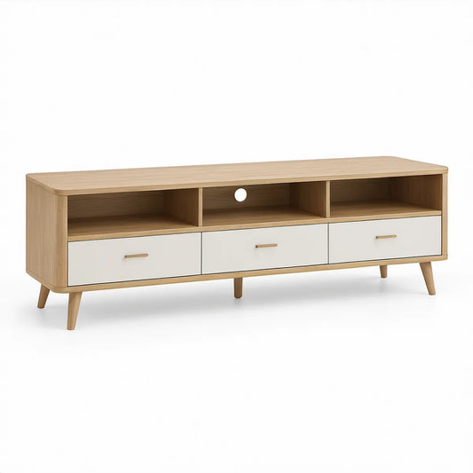 TV stolek se 3 zásuvkami a 3 otevřenými přihrádkami, světlý dub/bílá, 160 × 40 × 55 cm